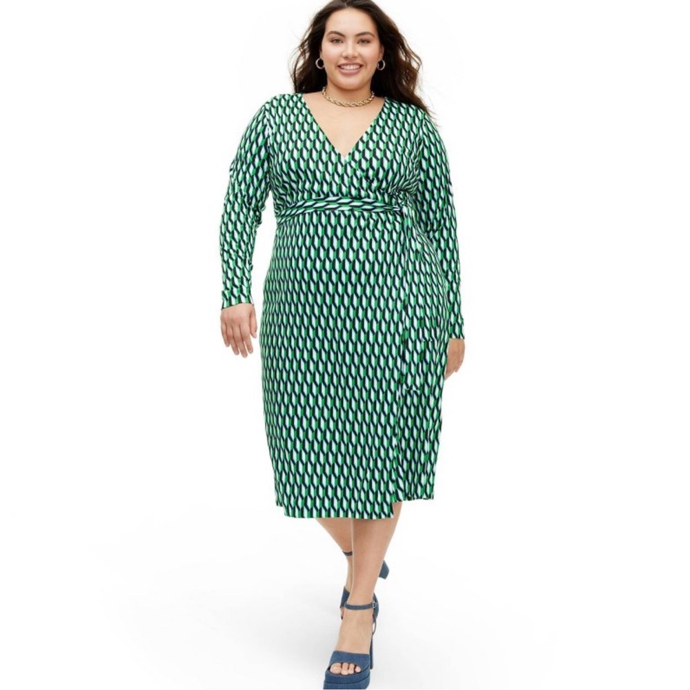 DVF for Target Women's Long Sleeve Midi Arrow Geo Green Wrap Dress - XXL
